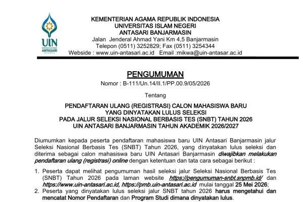 Skrinsut untuk Pengumuman Daftar Ulang SNBT 2026